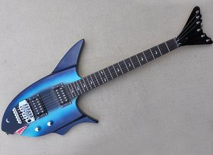 フロイドローズ、ローズウッドのフレットボード、ハンバッカピックアップの青いサメの形のエレクトリックギター
