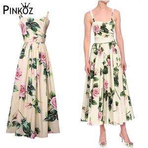 vintage sweet young fashion rose flower printed floral high quality party beach dress vestidos de fiesta noche 210421