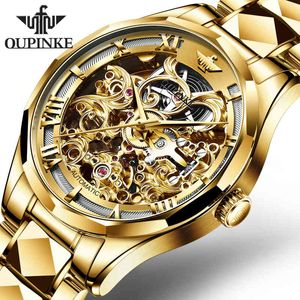 デザイナーの高級ブランドの時計トップOupinke Men ES自動ゴールドタングステン鋼鉄ビジネス機械サファイアクリスタルリスト