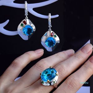 Big Blue Zirconia Earrings Ring sets Fashion Silver 2 Tone plated Jewelry Women's Jewellery Beautiful 2pcs set