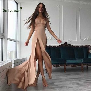 Kobiety Off Shoulder Silk and Satin Gold Mermaid Dress Summer Beach Boho Maxi Długa sukienka Elegancka Druhna Split Party Dresses 210709