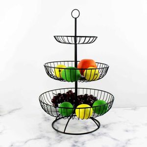 Fruktplatta Hushållsräknare Top Metal 3 Layer Modern Basket Svart Retro Style Tray Rack Storage Round 210609