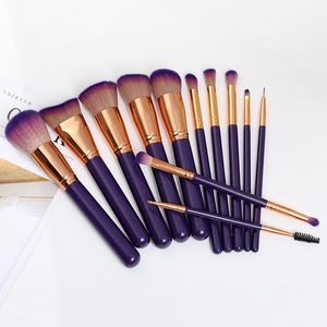 Wholesale purple eyebrows resale online - Makeup Brushes Purple Wooden Handle Brush Beauty Tools Eye Shadow Foundation Lip Double Head Eyebrow Set
