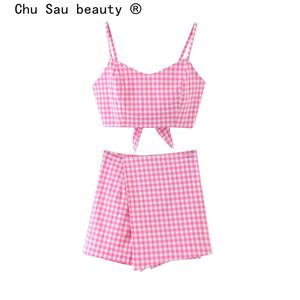 Summer Cotton Women Pink Plaid Crop Topy + Spodenki Garnitury Backless Sling Top Elastyczna Talia Krótkie spodnie Zestawy Duba Dwa kawałek 210514