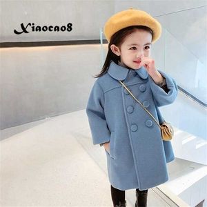 Höst Vinter Kids Tjejer Woolen Jacket Coat Barn Double Button Long Trench Toddler Baby Fall Kläder Tjock Outwear 8 12 211204