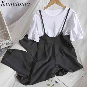 Kimutomo Summer Korean Suit Women White Puff Sleeves O Neck T Shirt + Fashion Sling Jumpsuit Slim Wide Leg Trousers Two-piece 210521