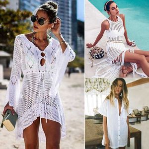 Sexig täckning Bikini Kvinnor Baddräkt Cover-Up Beach Bathing Strand Strid Knitting Badkläder Mesh Beach Dress Tunic Robe T200601