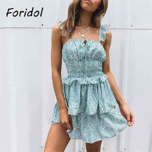 Foridol Backless Floral Print Summer Sukienka Lace Up Spaghetti Strap Purple Mini Sundress Beach Boho Sukienki Vestidos Mujer 210415