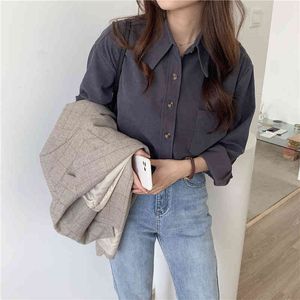 Spring Autumn OL Elegant Basic Lapel Shirt Women Solid Blouses Tops Loose Long Sleeve Work Wear Woman Shirts 4 Colors 210421