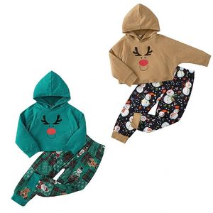 Barnkläder Ställer Tjejer Jul Elk Outfits Barn Xmas Deer Hooded Toppar + Snögubbe Skriv ut Byxor 2st / Set Vår Höst Mode Baby Kläder