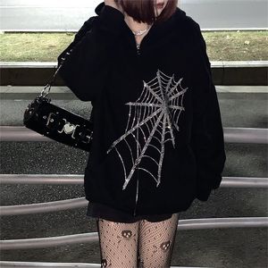 Harajuku Outwear ملابس خارجية بسحاب بلوزات Emo Alt الملابس القوطية الشرير العنكبوت ويب مقنعين المرأة الجنية الجرونج الظلام حجم كبير هوديس 220304