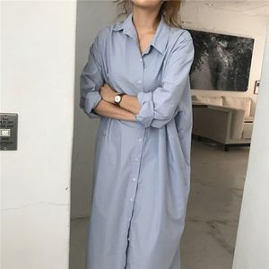 Våren långärmad kvinna lös blå skjorta klänning casual sexy split dresses 210520