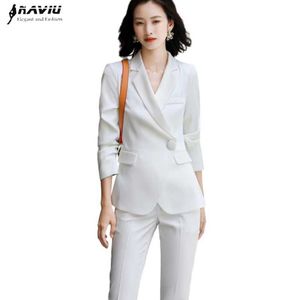 Naviu Fashion Classic Suit White Black Formal Office Wear Two Pieces Set For Women Long Sleeve Blazer and Pants 210604