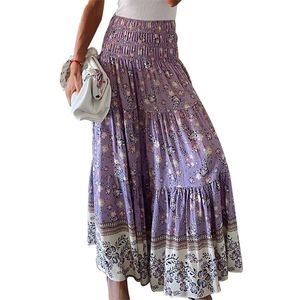 夏のエレガントな女性の花のruched弾性ウエスト紫のパルチクワークスカートボヘミアのカジュアルハイAラインプリーツダンススカート210604