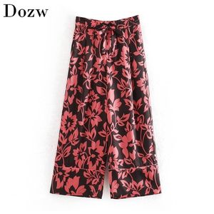 Floral Print Szerokie spodnie nogi Kobiety Moda Elastyczny Talia Łuk Krawat Luźne Spodnie Lady Długie Dalka Dowary Pantalon Femme 210515