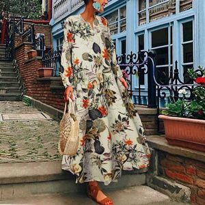 ZANZEA Women Long Sleeve Loose DrAutumn Vintage Floral Printed Long Vestido Kaftan Femme Robe Oversize Cotton Linen Sundress X0529