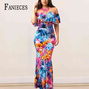 Kobiety Floral Print Slash Neck Ruffles Sexy Dresses Beach Nosić Boho Maxi Syrenki Krótkie Rękawy Soft Długa Dress Beachwear Vestidos 210520