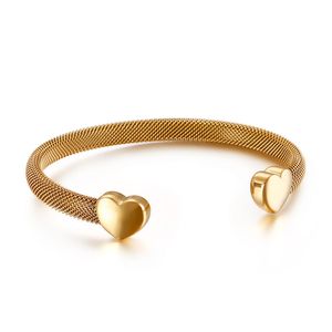 Wholesale open hearts jewelry resale online - Fashion Women Punk Cable Wire Mesh Stainless Steel Gold Double Hearts Clasp Open Cuff Mesh Bangles Bracelets Pulseras Jewelry