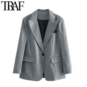 TRAF Женщины Мода Однонадающаяся Кнопка Свободные Blazer Пальто Винтаж С Длинным Рукавом Карманы Женская Верхняя Одежда Chic Весел 210415