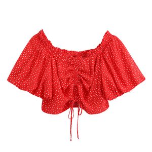 Женщины сладкие горошек, урожайные блузки, ползунки шеи слойные рукава регулируемые шнурки женские рубашки шикарные красные вершины Blusas 210430