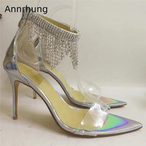 Buty sukienne przezroczyste sandały z pvc damki kobiety seksowne spiczaste palce obcasy tylne zapinane na śluzowe palce klejnotowe frędzle cienki na wysokim obcasie