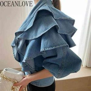 Oceanlove Kobieta Kurtki Denim Ruffles Solidna Wiosna Jesień Krótki Mujer Chaqueta V Neck Koreański Vintage Znosić Topy 210914