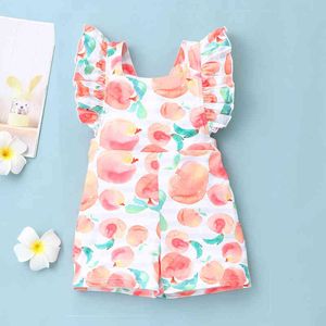 Letnie Dzieci Dziewczyny Ubrania Peach Print Wzór Bez Rękawów Pomarańczowy Toddler Baby Pajacyki Moda Słodkie Ruffel Krótki Rękaw Drżetki G220223