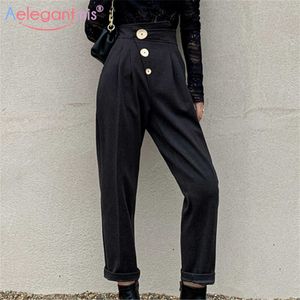 Aelegantmis Button Design High Waist Harem Pants Women Slim Vintage Female Stylish Black Trousers Korean Retro Streetwear 210607