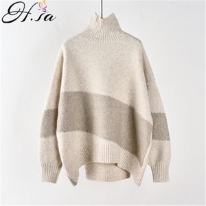 H.Sa koreański jesień moda turtlleck sweter i swetry patchwork luźne bluzyki szare zimowe ciepłe grube pull Swetry 210417