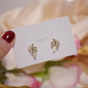 Ins Luxury 14K Real Gold Opal Leaves Exquisite Stud Earrings For Women Cubic Zircon ZC Lovely Birthdayearrings