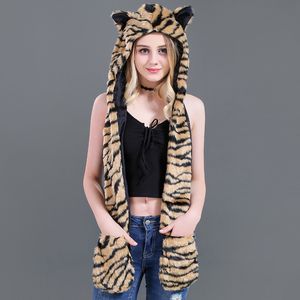 Fashion Hat Scarf Glove Integrerad Animal Imitation Fur Plush Cartoon Tiger Skin 211207
