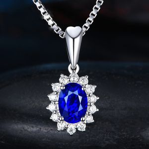Prinsessan Diana Lab Sapphire Diamond Pendant Sterling Silver Party Wedding Pendants Chain Halsband för kvinnor Charm Smycken