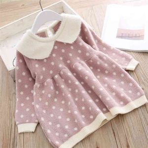 Girls Warm Sweater Dress Autumn Winter Long Sleeve Knitted Clothes Dot Printed Toddler Tops Shirts Wool Christmas Dresses 210528