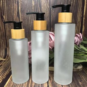 120ml Garrafa de pulverizador fosco loção de bambu com tampa de bomba preta, shampoo cuidado pele clara frasco de vidro frasco