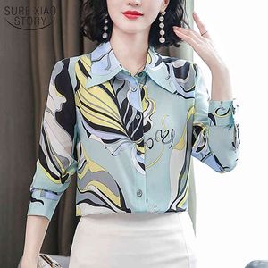Silk Shirts Printed Blue Wild Top Female Single-breasted Floral Long Sleeve Women's Blouse Plus 3XL 10721 210508