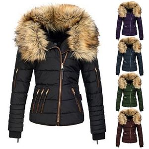 Faux Fur Kurtka Kobiety Duży Kołnierz Z Kapturem Solid Slim Krótki Outwear Ciepłe Zipper Casual Długim Rękawem Kobiet Parkas Płaszcze 211216