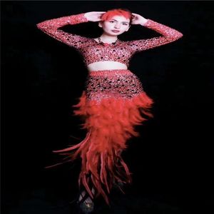Parti Dekorasyonu V11 Kadın Kutup Dans Elbisesi Rhinestones Split Tüy Etek Kırmızı Kristal Kıyafet Doğum Giyim Uzun Kollu Elmas Cl