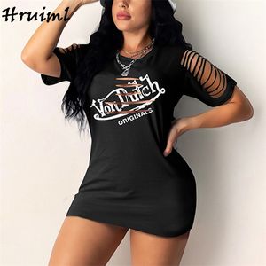 Verkauf Brief Drucken Mini Kleid Kurzarm Loch Verziert Einfarbig Plus Größe Damen es Streetwear Stricken Casual 210513