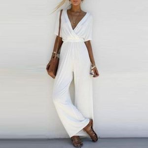 Damen Jumpsuits Strampler Mode Frauen V-Ausschnitt Overall Kurzarm Playsuit Party Weites Bein Solide Lange Hose Strampler