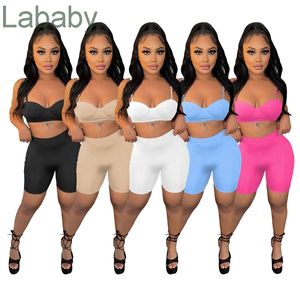 Women Jogging Pants 2 Piece Set 2022 Designers Clothes Tracksuits Fashion Casual Solid Color Crop Top And Shorts Sports Suit