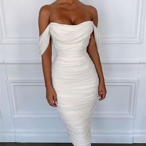 Alta qualidade celebridade branco laço fora do ombro rayon bandage vestido noite vestido de festa 210331