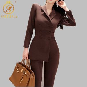 Mulheres Irregular Jumpsuit Dupla-Breasted Blazer Jaqueta e Lápis Slim Pant 2 peças Set Wear Feminino para Office Business 210930