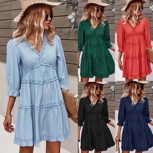 V-pescoço de pescoço mangas azul mulheres vestido lace up short manga alta cintura torto es algodão verão elegante senhora elegante 210514