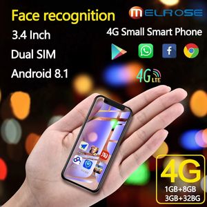 Olåst Super Mini Melrose 2021 Mobiltelefon 4G LTE Minsta Smartphone 3.4 '' MTK6739 Quad Core Android 8.1 Ansikts ID GPS WiFi Mobiltelefon