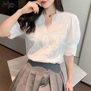 Casual White Tops Broderi Lace Spring Femme Shirt Tjejer Blus Kvinnor Kortärmad Linne Bomull Plus Storlek Blusar 13102 210521