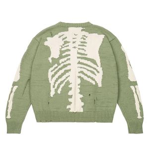 Men's Hoodies & Sweatshirts Hip Hop Oversized Sweater Green Loose Skeleton Bone Print Women's Quality High Street Damage Hole Vintage Knitte