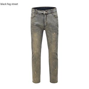 Herren Jeans Schwarz Street K77# Vintage Painted Stretch Cotton Denim Biker Slim Fit Faltenhose für Motorrad