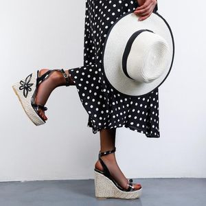 Elbise Ayakkabı Seksi Ultra Son derece Yüksek Takozlar Topuklu Sandalet Kadın Patent Deri Tatlı Papyon Knot Ayak Bileği Kayışı Platformu Espadrilles 48