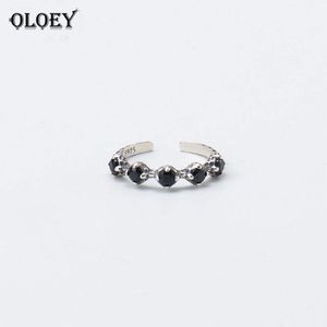 Cluster Rings OLOEY Genuine 925 Sterling Silver Adjustable Ring Women Vintage Black Round Zircon 2021 Korean Fine Party Jewelry YMR799