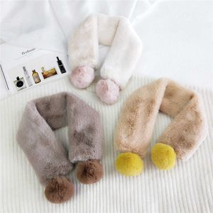 Faux Kanin Fur Ball Pompom Kvinnor Scarves Vinter Dubbelkrage Neck Warmer Solid Färg Mjuk Tjocken Plush Snood Scarf För Girls H0923